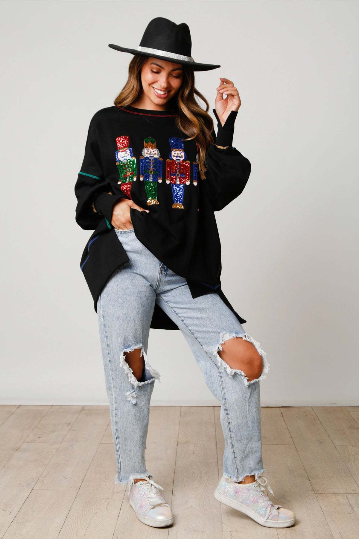 🎅Early Xmas Sales🎅 Christmas sequin print crew neck long sleeve sweatshirt