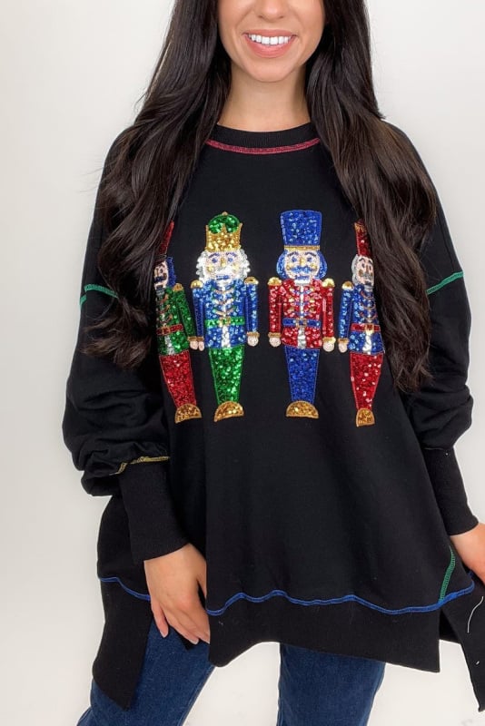 🎅Early Xmas Sales🎅 Christmas sequin print crew neck long sleeve sweatshirt