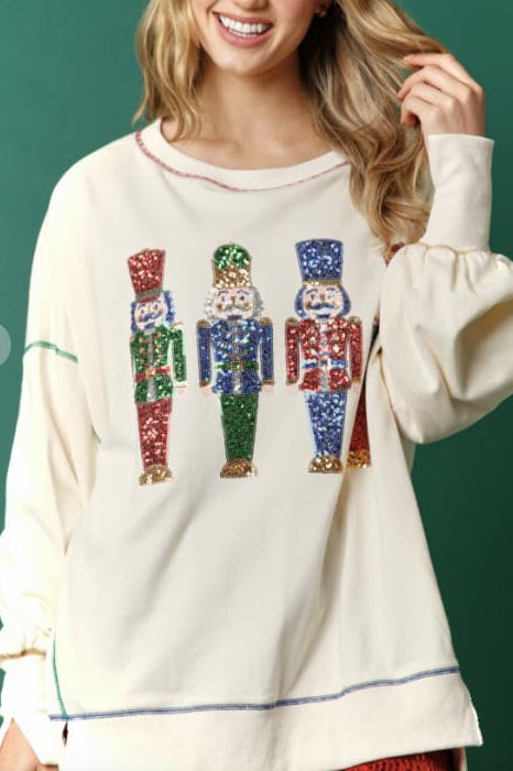 🎅Early Xmas Sales🎅 Christmas sequin print crew neck long sleeve sweatshirt