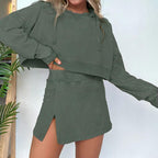 Women’s Washed Hooded Cropped Sweatshirt and Short Skirt 2-piece Set