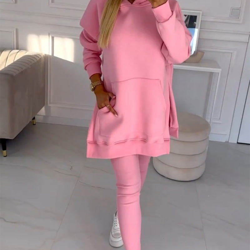 🍂Fall Specials🍂Women's Fashion Solid Color Hoodie And Lined Leggings Two-Piece Set