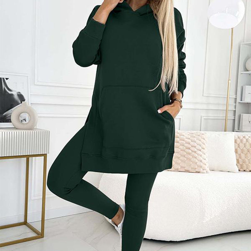 🍂Fall Specials🍂Women's Fashion Solid Color Hoodie And Lined Leggings Two-Piece Set