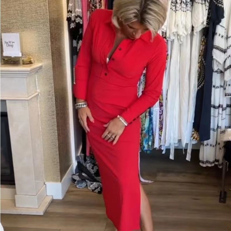 Women's Sexy Red Long Sleeve Lapel Dress