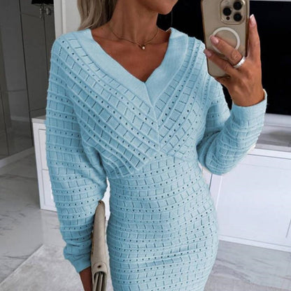 Women's V-Neck Long Sleeves Knitted Dress