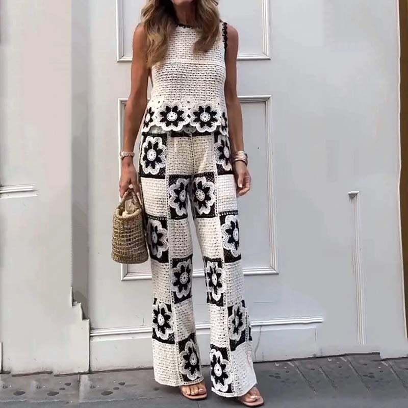 Women's Vintage Floral Crochet Two-Piece Set