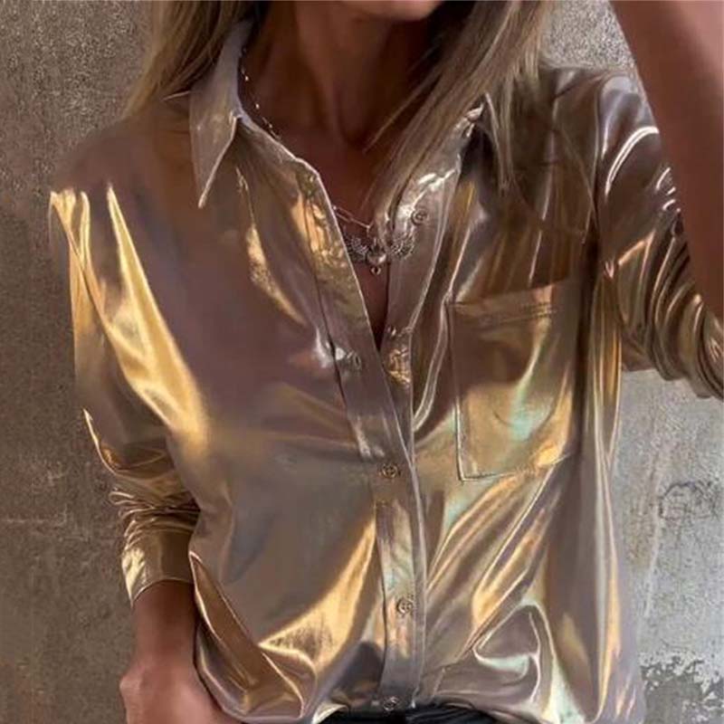 🍂Fall Specials🍂Women's Shimmer Metallic Leather Button-Up Shirt