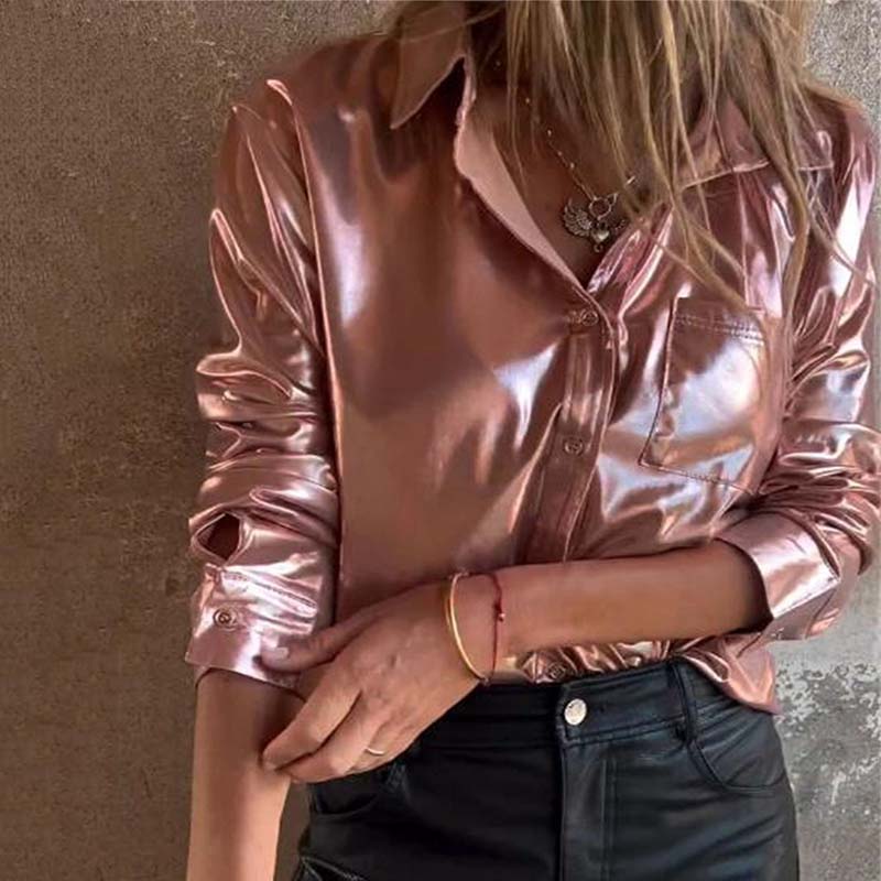 🍂Fall Specials🍂Women's Shimmer Metallic Leather Button-Up Shirt
