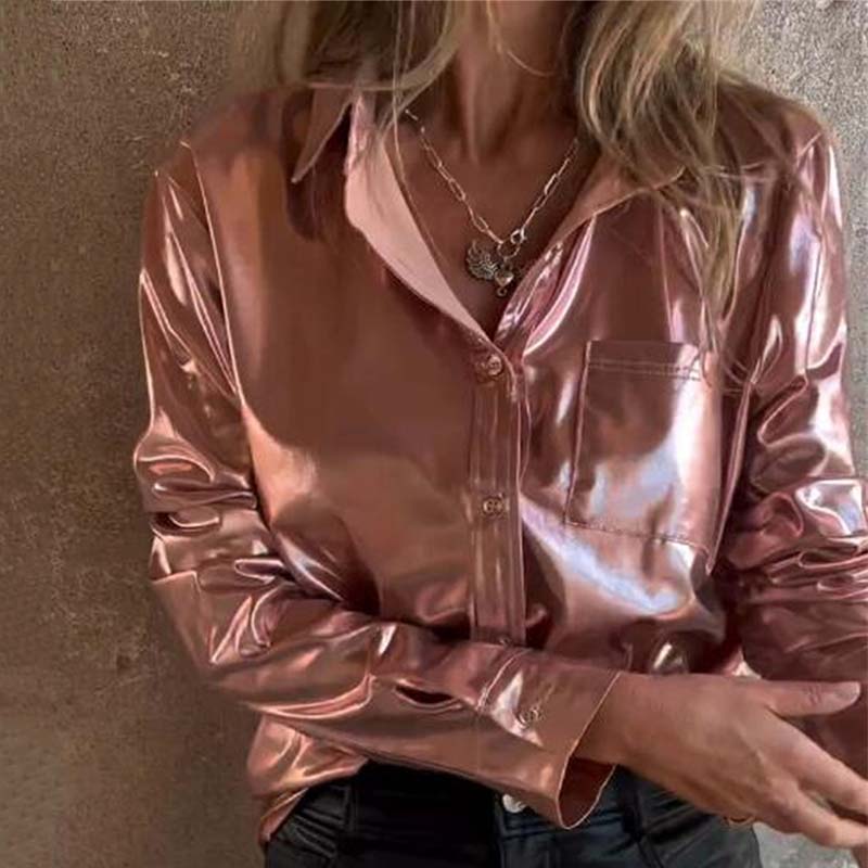 🍂Fall Specials🍂Women's Shimmer Metallic Leather Button-Up Shirt