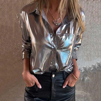 🍂Fall Specials🍂Women's Shimmer Metallic Leather Button-Up Shirt