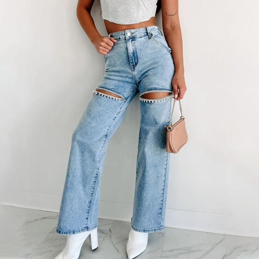 👖Seasonal Specials👖Women’s Rhinestone Ripped Straight-leg Jeans