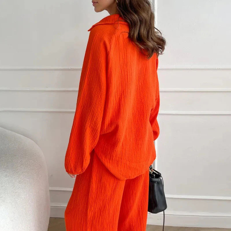 🍁New for autumn✨Solid Colours 2 Piece Casual Set - V-Neck Top and Wide Leg Trousers