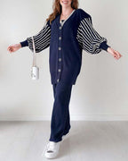 Balloon Sleeve Striped Knitwear Cardigan & Pants Two-piece Set✈️ free shipping