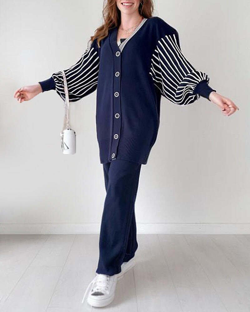 Balloon Sleeve Striped Knitwear Cardigan & Pants Two-piece Set✈️ free shipping