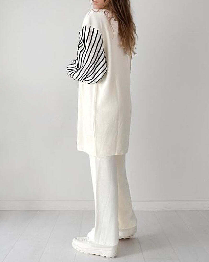 Balloon Sleeve Striped Knitwear Cardigan & Pants Two-piece Set✈️ free shipping