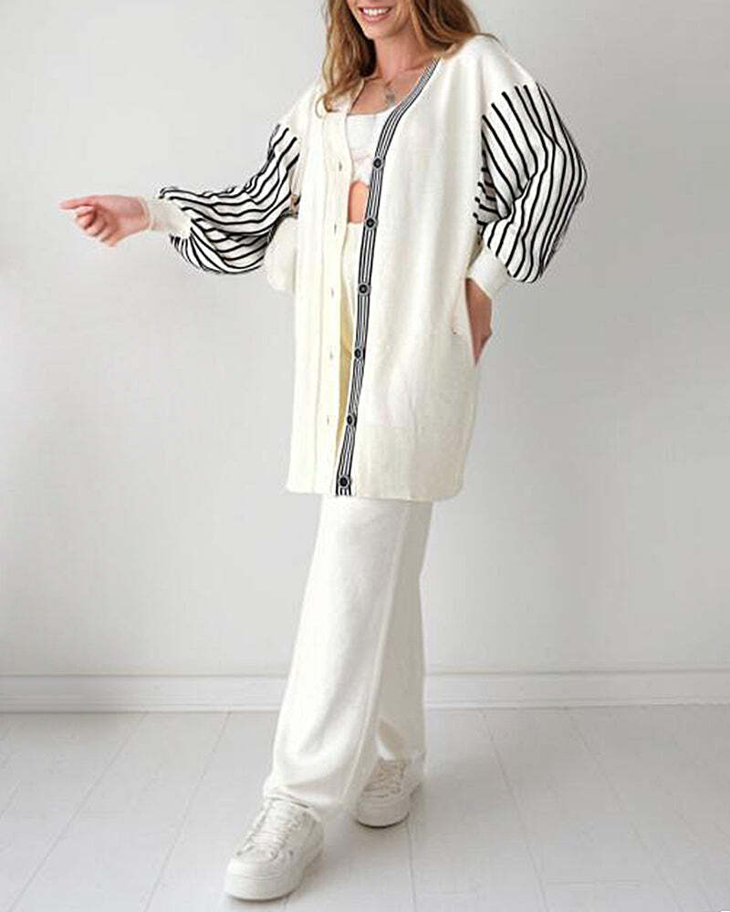 Balloon Sleeve Striped Knitwear Cardigan & Pants Two-piece Set✈️ free shipping