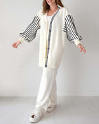 Balloon Sleeve Striped Knitwear Cardigan & Pants Two-piece Set✈️ free shipping