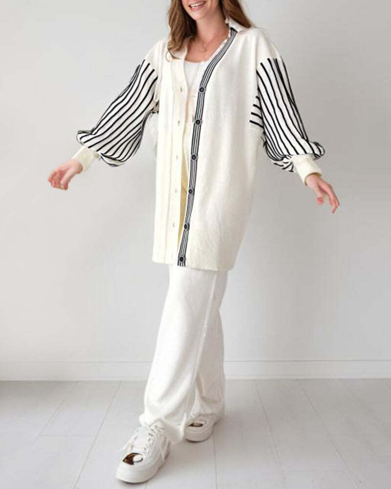 Balloon Sleeve Striped Knitwear Cardigan & Pants Two-piece Set✈️ free shipping