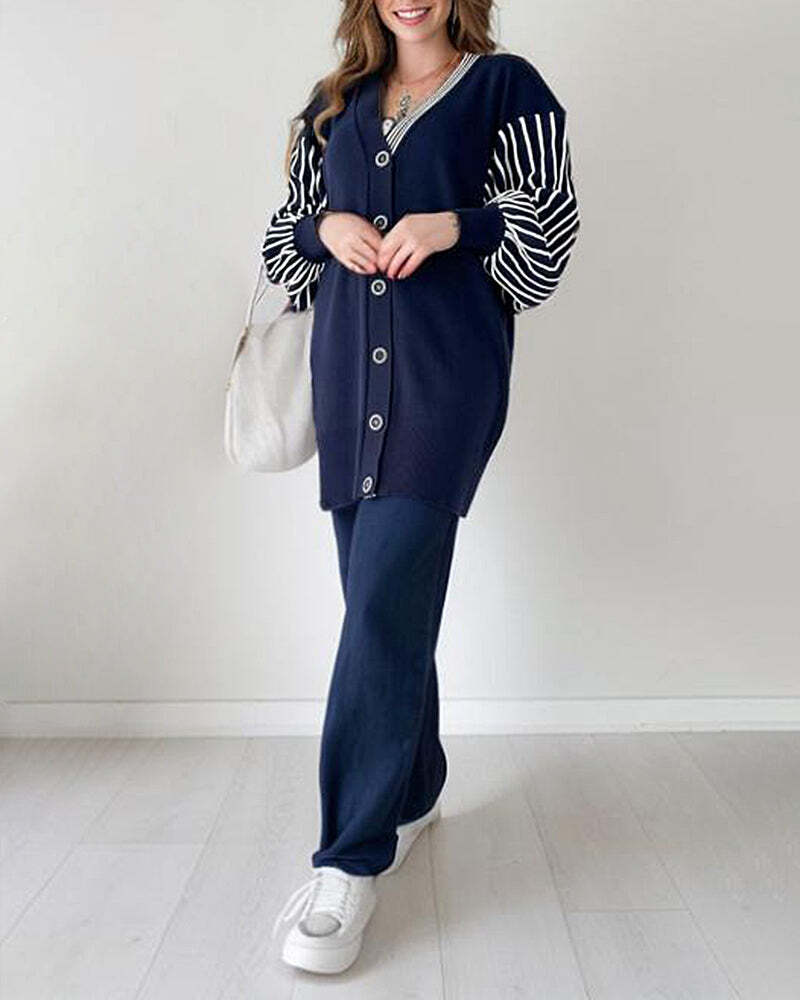 Balloon Sleeve Striped Knitwear Cardigan & Pants Two-piece Set✈️ free shipping