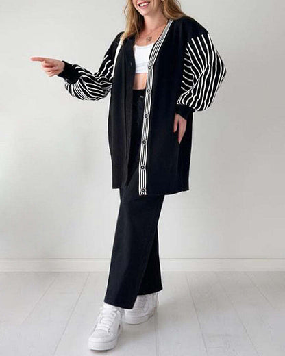 Balloon Sleeve Striped Knitwear Cardigan & Pants Two-piece Set✈️ free shipping