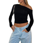 [Gift For Her] Women's Off Shoulder Long Sleeve Slimming Fit Tops