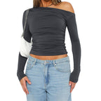 [Gift For Her] Women's Off Shoulder Long Sleeve Slimming Fit Tops