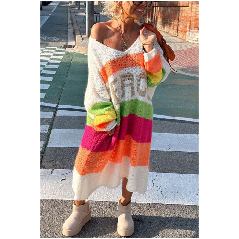 Now enjoy 50% discount🔥Color Block V-Neck Letter Print Sweater Dress
