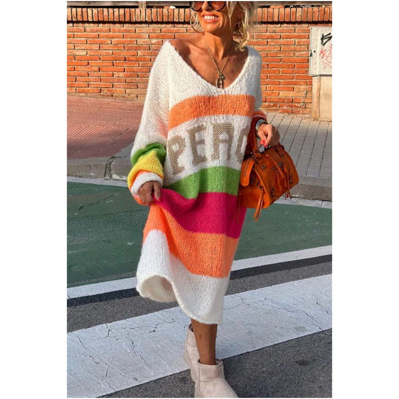 Now enjoy 50% discount🔥Color Block V-Neck Letter Print Sweater Dress
