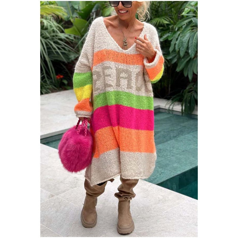 Now enjoy 50% discount🔥Color Block V-Neck Letter Print Sweater Dress
