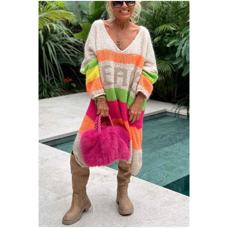 Now enjoy 50% discount🔥Color Block V-Neck Letter Print Sweater Dress