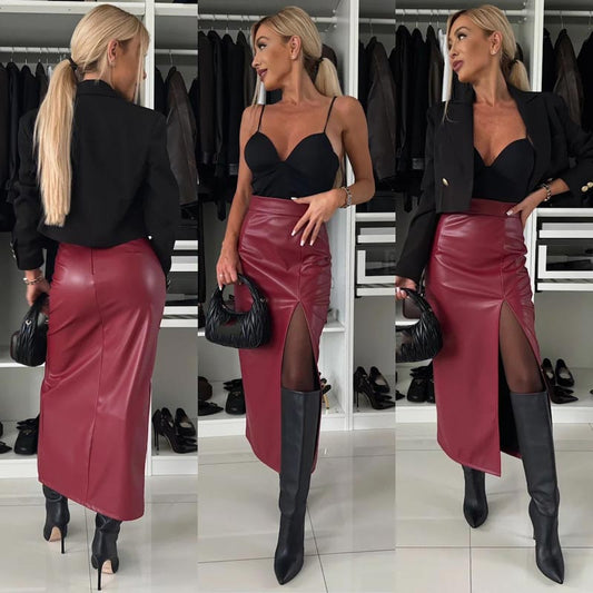 Women's Elegant Sexy High-waist Thigh-slit Leather Skirt