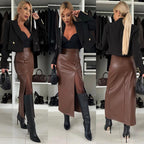 Women's Elegant Sexy High-waist Thigh-slit Leather Skirt