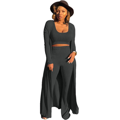 Women’s Stretch Knitted Tank Top High-waist Leggings and Long Cardigan 3-piece Set