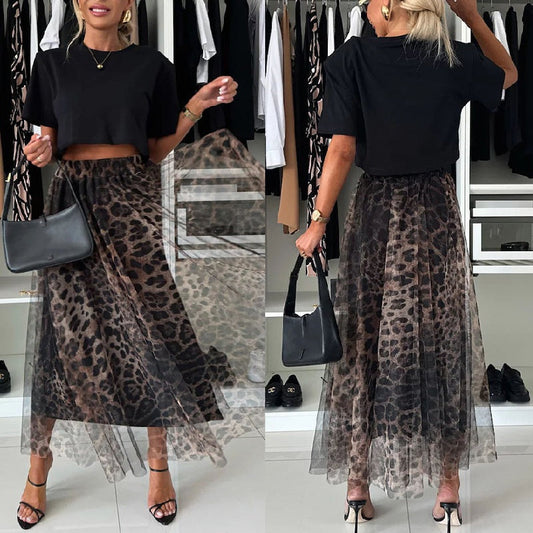 Leopard Print Layered Design Bustier Maxi Skirt