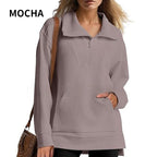 Women’s Casual Half-zip Lapel Pullover Tops with High-low Hem