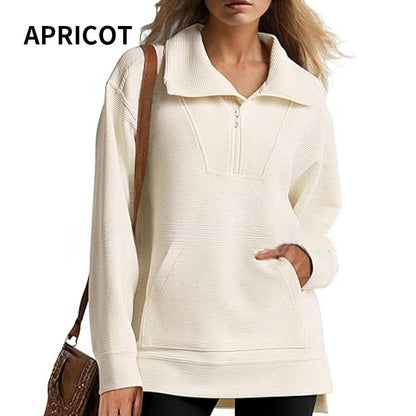 Women’s Casual Half-zip Lapel Pullover Tops with High-low Hem