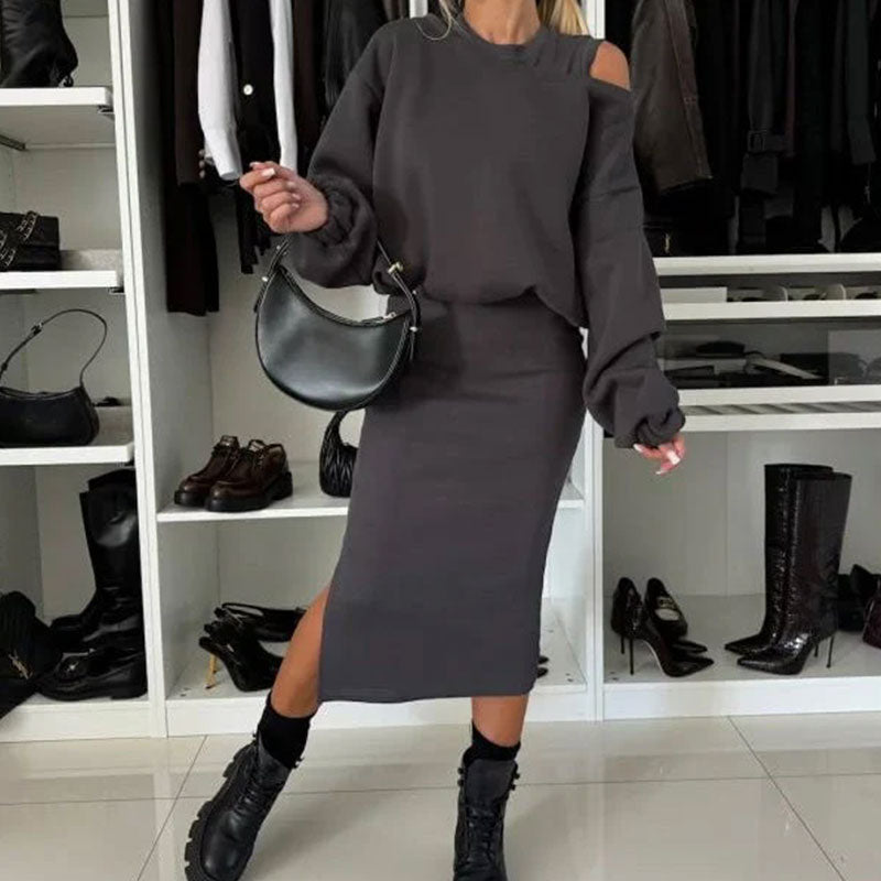 💖Limited Sale 50% OFF💖Women's Slanted Shoulder Sweatshirt & Sleeveless Dress Set