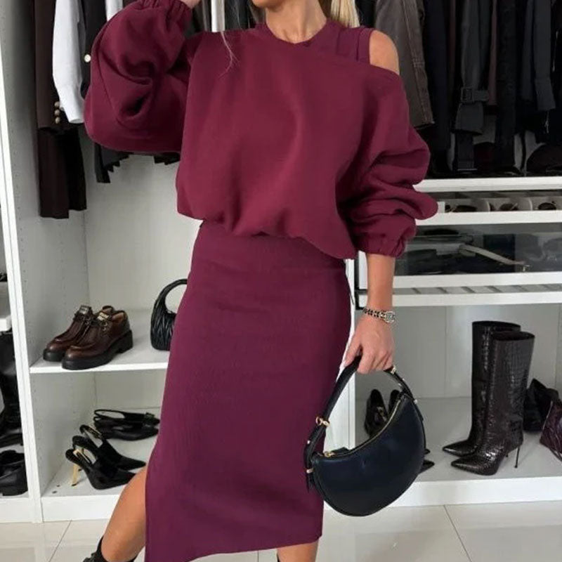 💖Limited Sale 50% OFF💖Women's Slanted Shoulder Sweatshirt & Sleeveless Dress Set