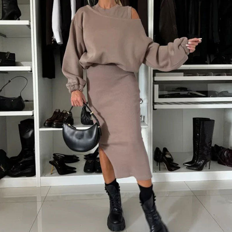 💖Limited Sale 50% OFF💖Women's Slanted Shoulder Sweatshirt & Sleeveless Dress Set