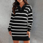 🌸Hot Sale 50% OFF🌸Women's Half-Zip Long Sleeve Striped Knitted Dress