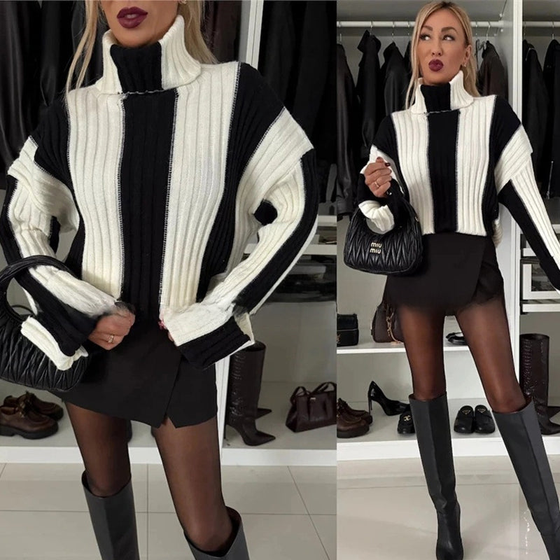 Striped Knitted Sweater with Turn-down Collar