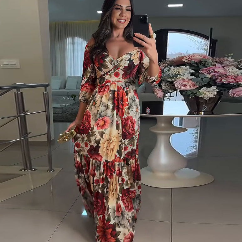 Women's V-Neck Floral Printed Pleated Dress