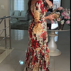 Women's V-Neck Floral Printed Pleated Dress