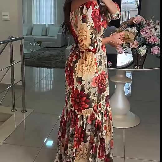 Women's V-Neck Floral Printed Pleated Dress