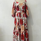 Women's V-Neck Floral Printed Pleated Dress