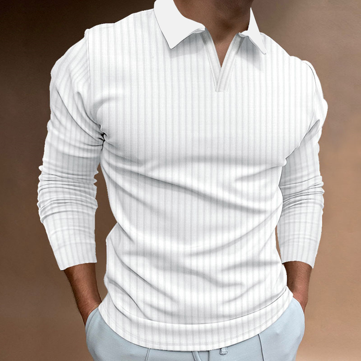 Top Sólido de Color Suave con Cuello en V, Solapa Estrecha y Rayas Ajustadas