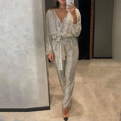 Women's Sparkly V Neck Belted Jumpsuit