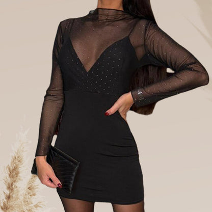 Women's Sexy V-Neck Mesh Rhinestone Bodycon Dress