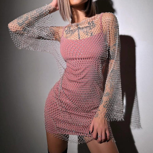 🎅Christmas Pre-sale🎁Women's Rhinestone See Through Cover Up Dress