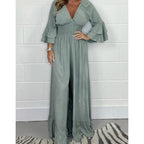High-Waisted Pleated Deep V-Neck Wide-Leg Jumpsuit