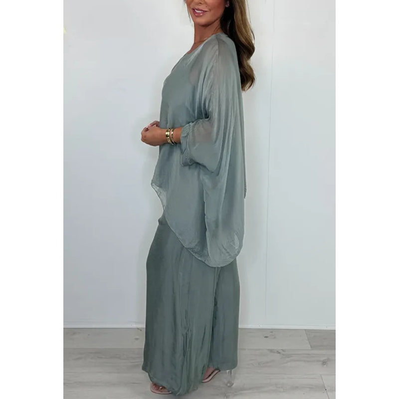 Women's Elegant Casual Chiffon Top & Wide Leg Pants Set